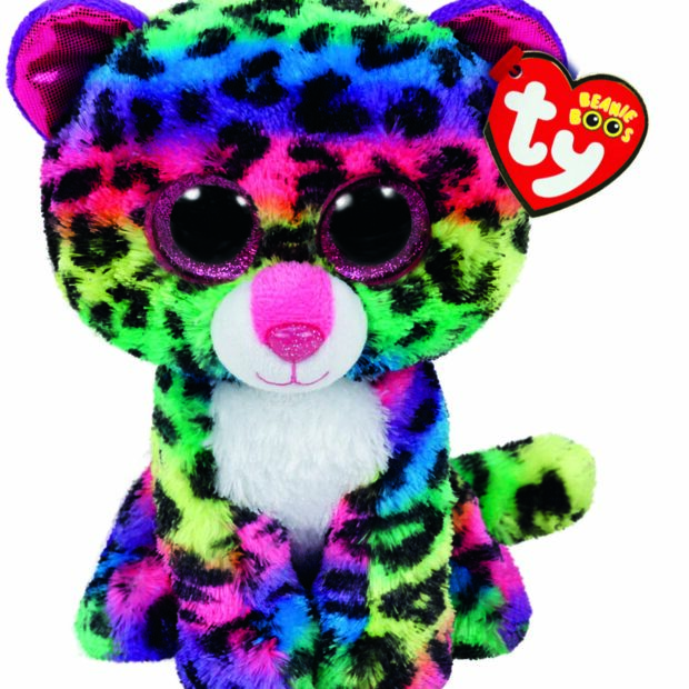colourful leopard soft toy, blue, pink yellow and green with black spots and big glittery eyes. Approximately 15 cms tall. TY Beanie Boo Range.