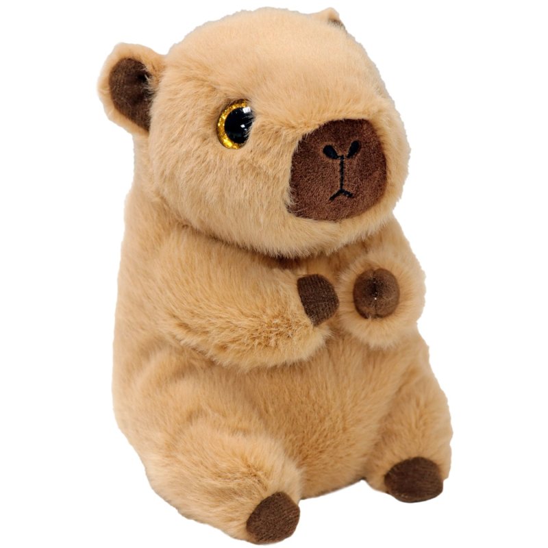 Soft fluffy capybara from the ty beanie bellies, with light brown body and dark brown ears, feet, paws and nose.