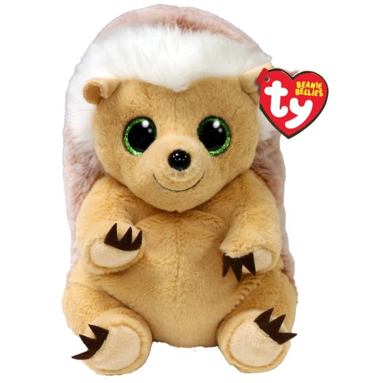 Soft plush hedgehog toy with green glittery beady eyes. Approximately 15 cms tall. Part of the TY beanie bellies range.